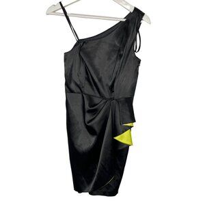Bebe Satin One Shoulder Mini Dress Black Yellow Women's Small Party Cocktail